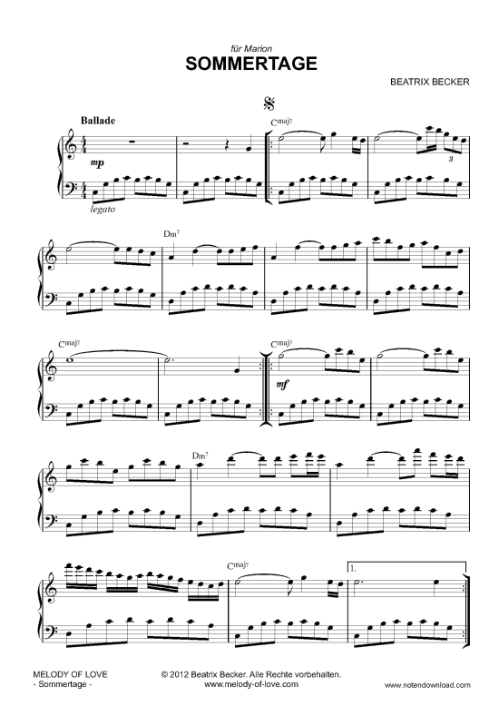 Sommertage (Klavier Solo leicht) (Klavier einfach) von Beatrix Becker