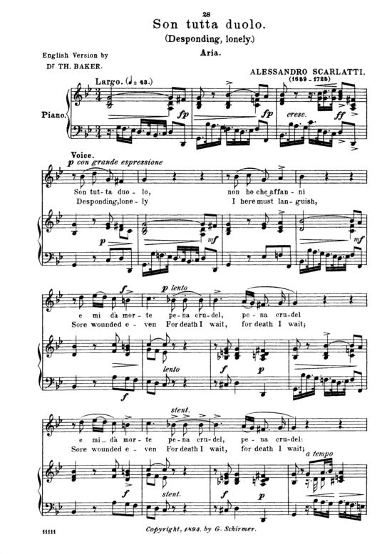 Son tutta duolo (Gesang tief + Klavier) (Klavier  Gesang tief) von Alessandro Scarlatti