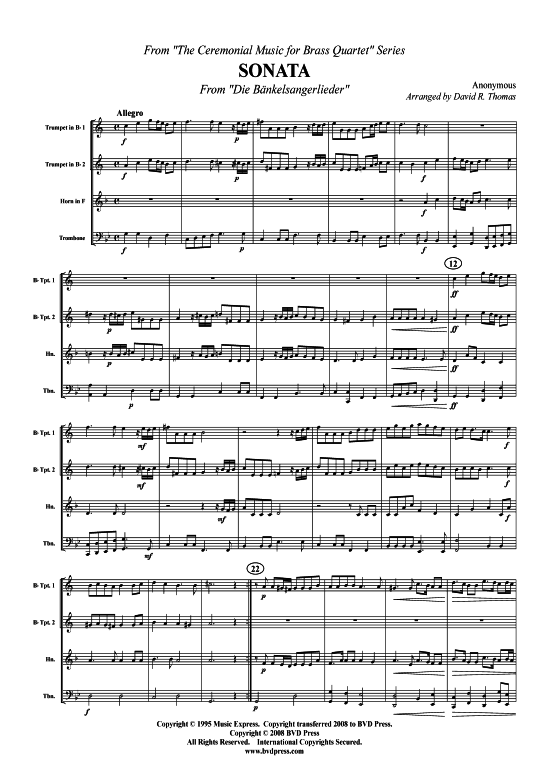 Sonata aus Die Bankels ngerlieder (2xTromp in B Horn in F (Pos) Pos) (Quartett (Blech Brass)) von unbekannter Verfasser (arr. Thomas)