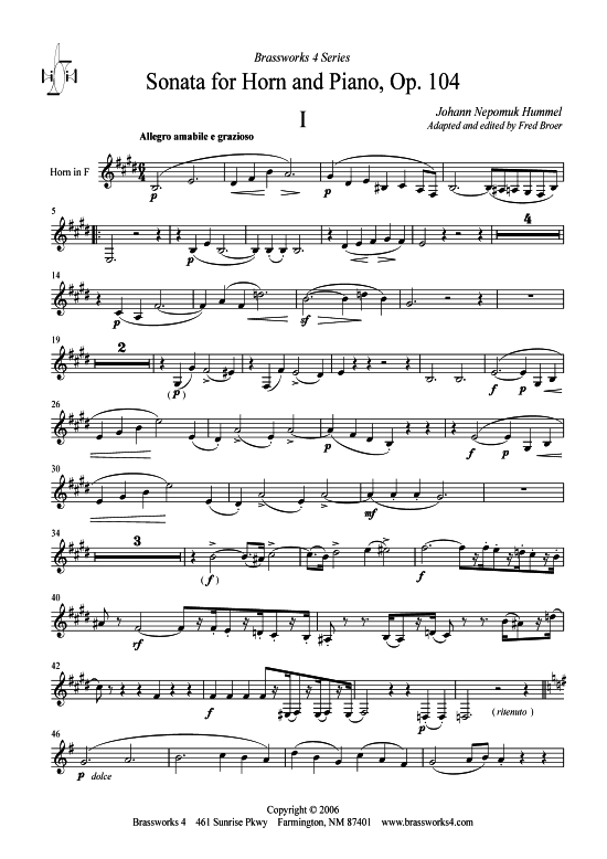 Sonata (Horn in F + Klavier) (Klavier  Horn) von Johann Nepomuk Hummel (op. 104)