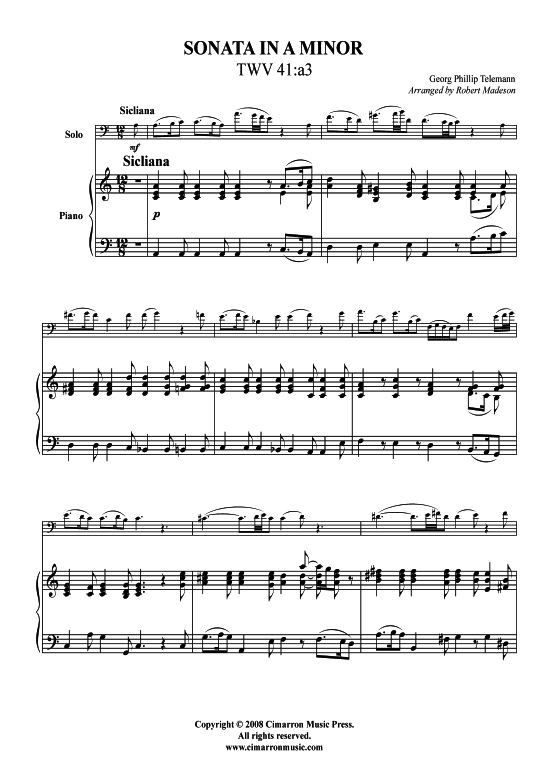 Sonata in A-Moll (Bariton Posaune + Klavier) (Klavier  Bariton (Posaune)) von Georg Philipp Telemann (4 S auml tze)
