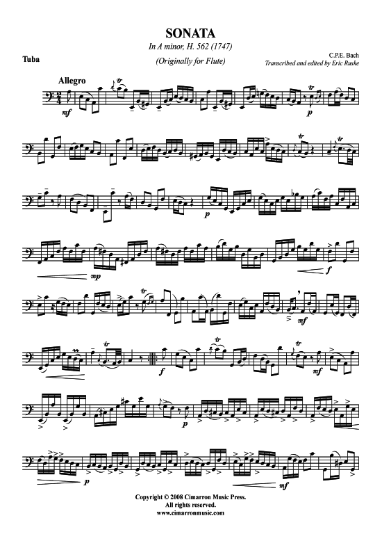 Sonata in A-Moll H. 562 (Tuba Solo) (Tuba (Solo)) von Carl Philipp Emanuel Bach