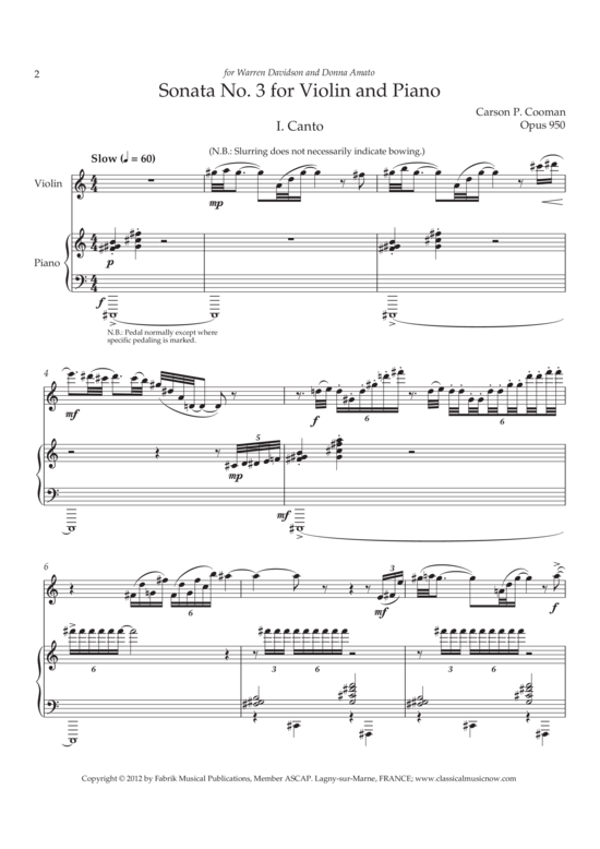 Sonata no. III for violin and piano (Violine + Klavier) (Klavier  Violine) von Carson Cooman