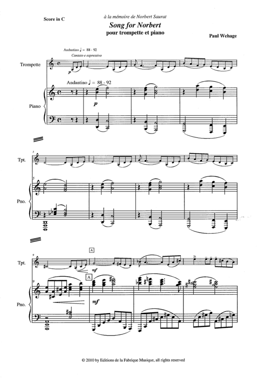 Song for Norbert (Trompete in B oder C + Klavier) (Klavier  Trompete) von Paul Wehage