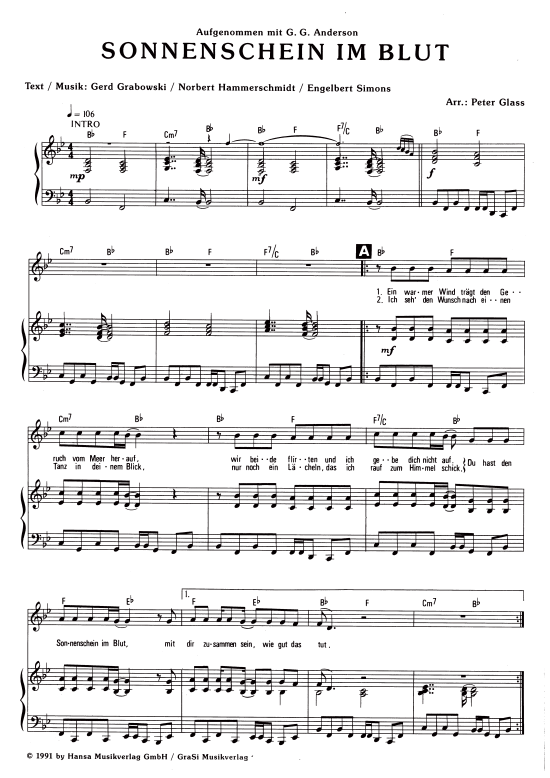 Sonnenschein im Blut (Klavier + Gesang) (Klavier Gesang  Gitarre) von G.G. Anderson