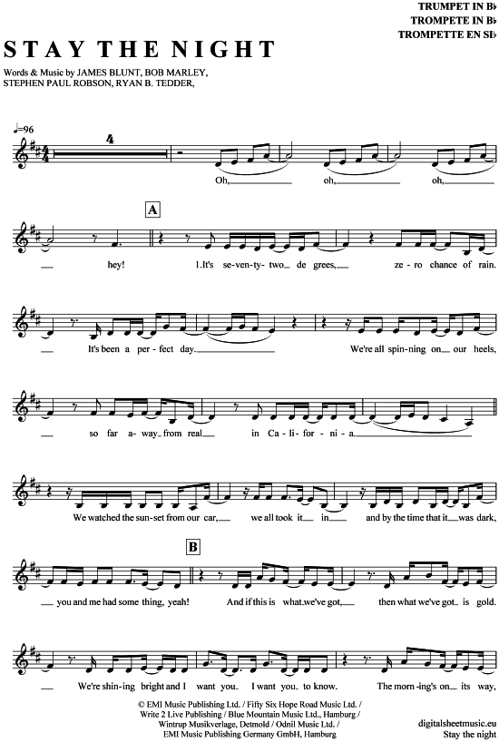Stay the night (Trompete in B) (Trompete) von James Blunt
