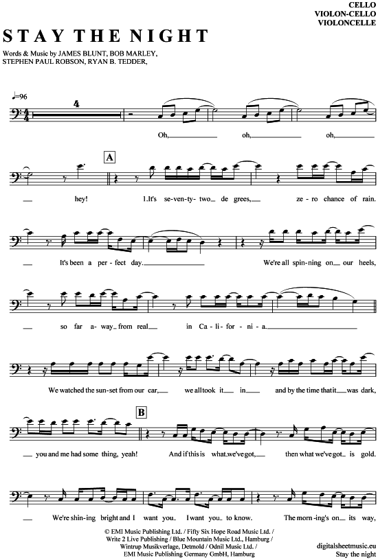 Stay the night (Violon-Cello) (Violoncello) von James Blunt
