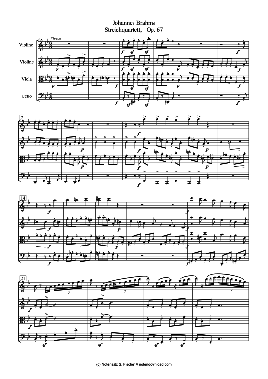 Streichquartett op. 67 (nur Partitur) (Quartett (Streicher)) von Johannes Brahms (1833-1897)