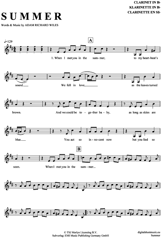 Summer (Klarinette in B) (Klarinette) von Calvin Harris