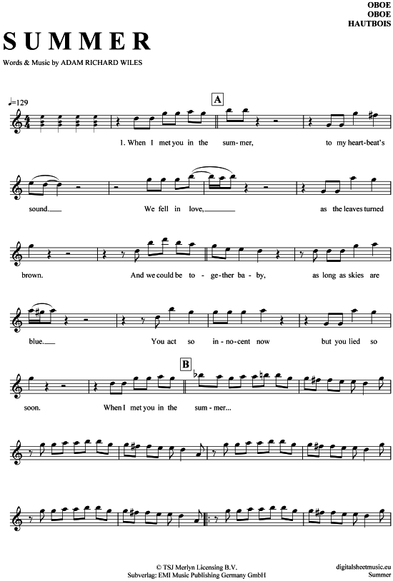 Summer (Oboe) (Oboe Fagott) von Calvin Harris