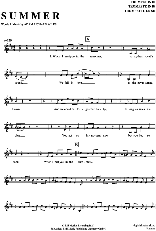 Summer (Trompete in B) (Trompete) von Calvin Harris