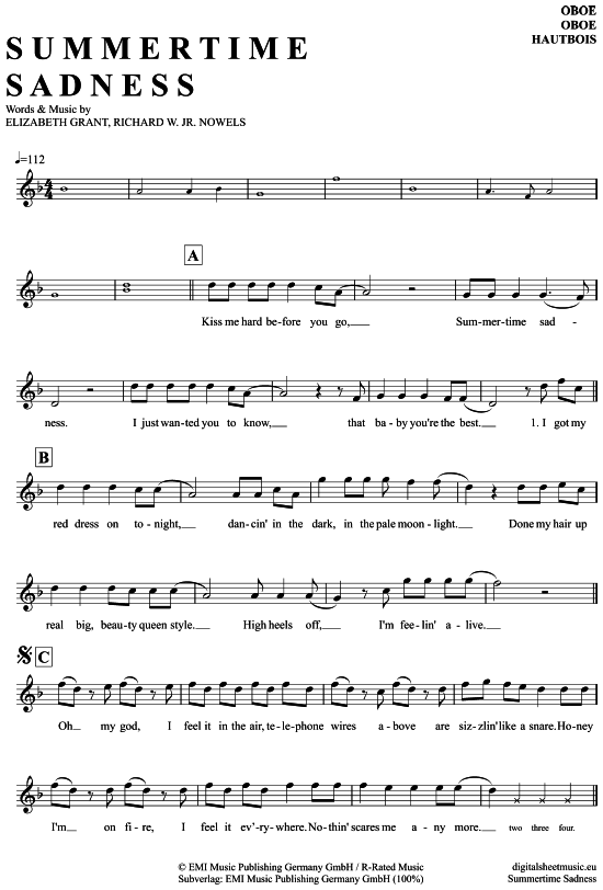 Summertime Sadness (Oboe) (Oboe Fagott) von Lana del Rey