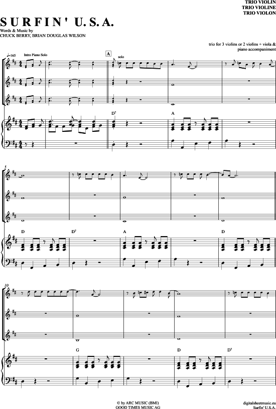Surfin USA (Violinen Trio + Klavier) (Trio (Violine)) von Beach Boys