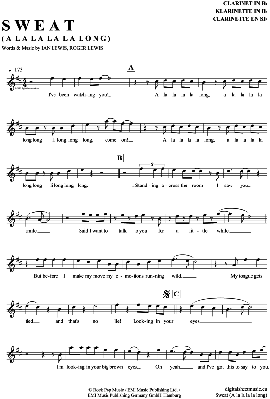 Sweat (A la la la la long) (Klarinette in B) (Klarinette) von Mehrzad  Mark Medlock