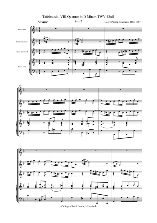 Tafelmusik. VIII.Quatuor in D Minor. 2. Satz TWV 43 d1 (Ensemble f r Blockfl te 2x Traversfl te + BC) (Ensemble (Gemischt)) von Georg Philipp Telemann