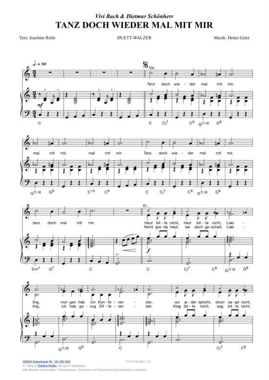 Tanz doch wieder mal mit mir (Klavier + Gesang) (Klavier Gesang  Gitarre) von Vivi Bach amp Dietmar Sch ouml nherr