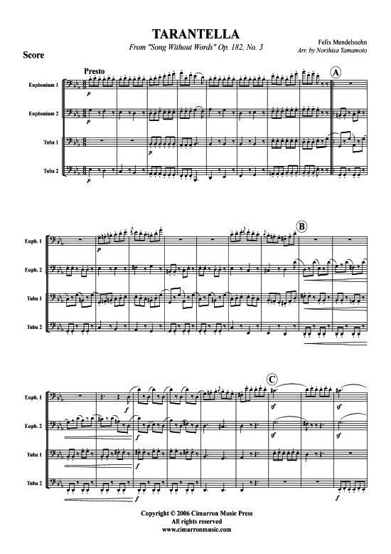 Tarantella Nr. 3 (Tuba Quartett 2x Bariton 2xTuba) (Quartett (Tuba)) von Felix Mendelssohn Bartholdy (aus Lieder ohne Worte op. 182)