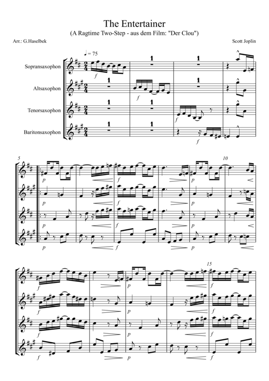 The Entertainer (Saxophon Quartett SATB) (Quartett (Saxophon)) von Scott Joplin