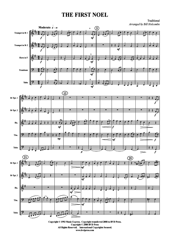 The First Noel (Blechbl serquintett) (Quintett (Blech Brass)) von Weihnachtslied (arr. Holcombe)