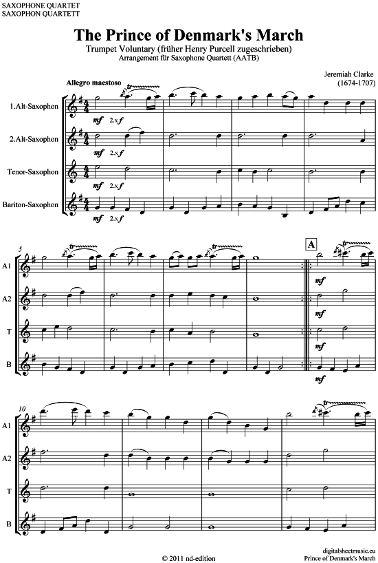 The Prince of Denmark March (Saxophon-Quartett AATB) (Quartett (Saxophon)) von Jeremiah Clarke (fr her Henry Purcell)