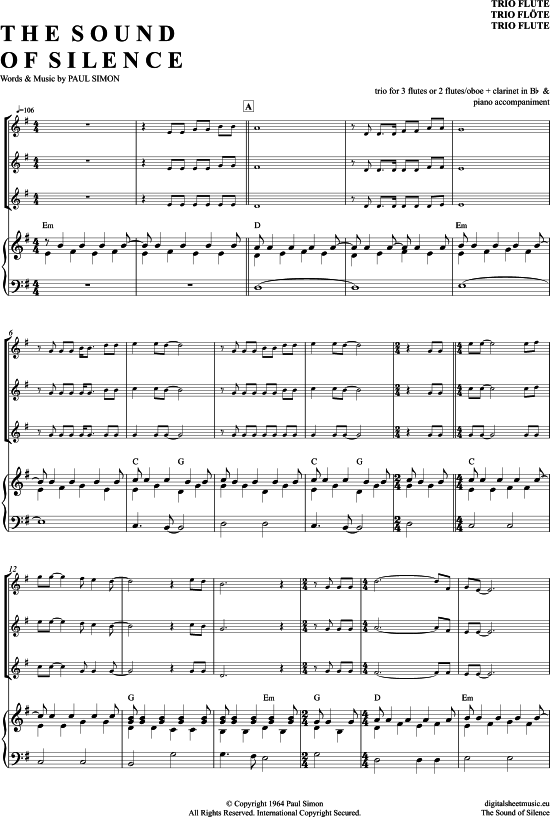 The Sound Of Silence (Fl ten Trio + Klavier) (Trio (Fl te)) von Simon  Garfunkel