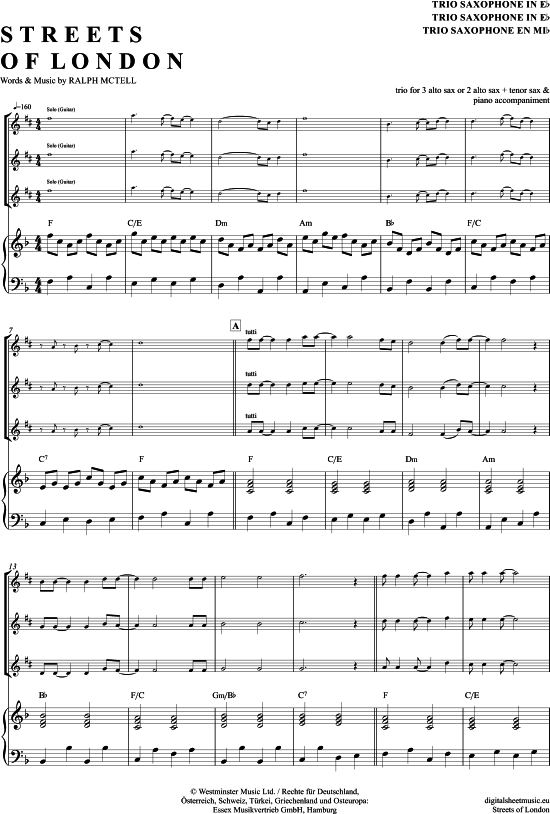 The Streets of London (Saxophon Trio AAA(T) + Klavier) (Trio (Saxophon)) von Ralph McTell
