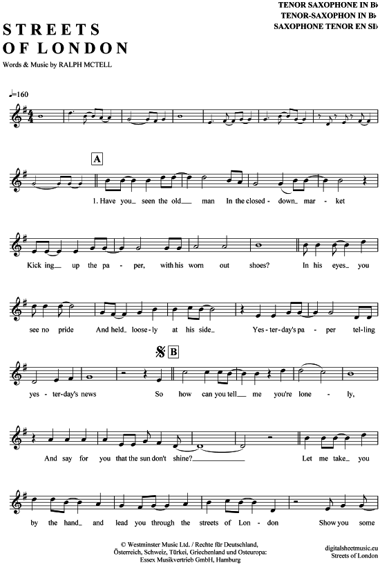 The Streets of London (Tenor-Sax) (Tenor Saxophon) von Ralph McTell