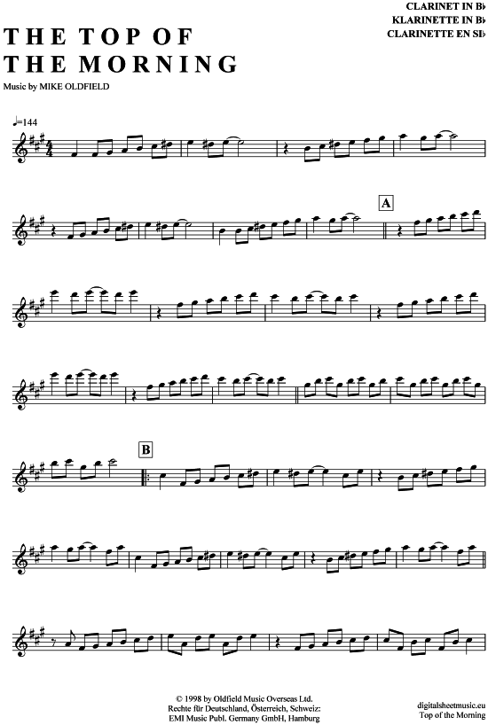 The Top Of The Morning (Klarinette in B) (Klarinette) von Mike Oldfield