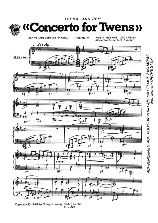 Thema aus Concerto for Twens (Klavier Solo) (Klavier Solo) von Helmut Zacharias
