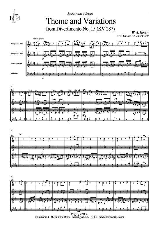 Thema u. Variationen (2xTromp in B C Horn in F (Pos) Pos) (Quartett (Blech Brass)) von W. A. Mozart (aus  Divertimento Nr. 15 K287)