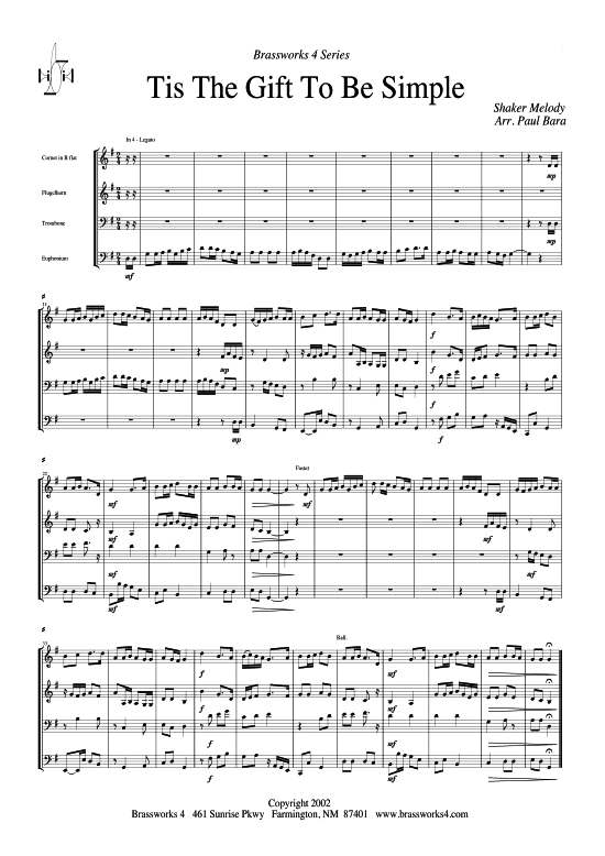 Tis the Gift to Be Simple (2xTromp in B Horn in F (Pos) Pos) (Quartett (Blech Brass)) von Shaker Melodie