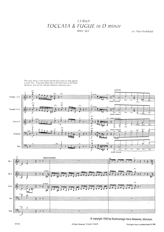 Toccata amp Fugue (1.Trp in C B Es 2.Trp in B Horn in F Pos Tuba) (Quintett (Blech Brass)) von J. S. Bach (BWV 565)