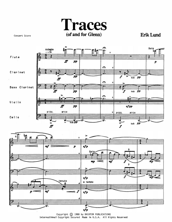 Traces (Fl te Klarinette Bassklarinette Violine und Cello) (Quintett (5 St.)) von Erik Lund