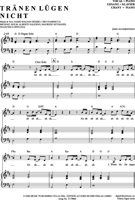 Tr nen L gen Nicht (Klavier Begleitung + Gesang) (Klavier Gesang  Gitarre) von Michael Holm