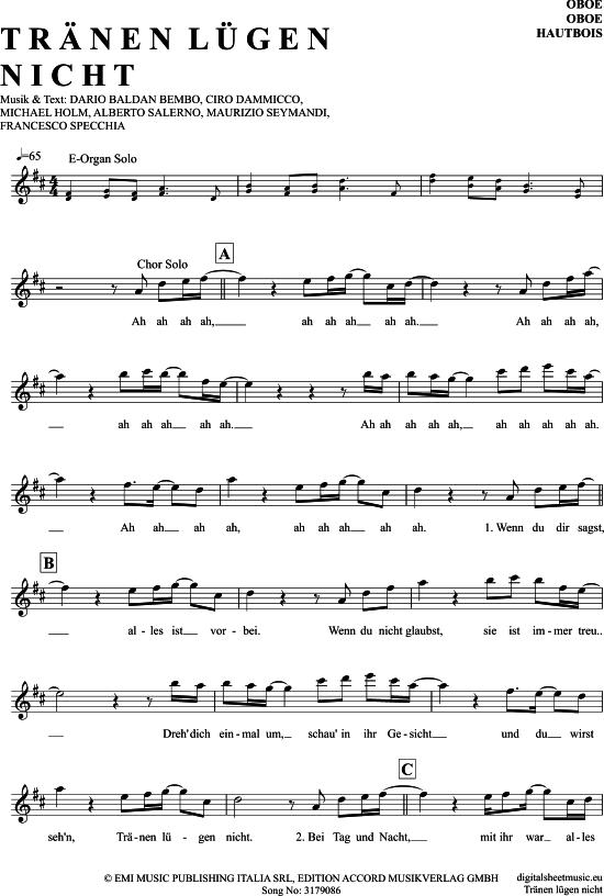 Tr nen L gen Nicht (Oboe) (Oboe Fagott) von Michael Holm