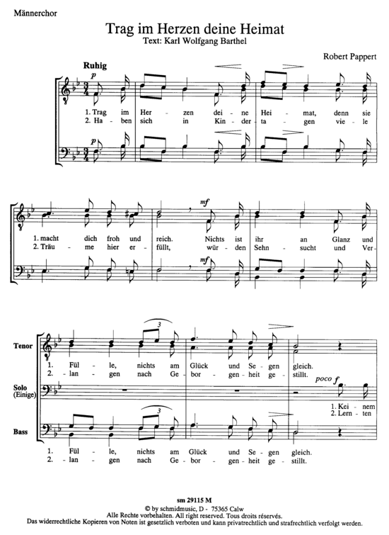 Trag im Herzen deine Heimat (M auml nnerchor) (M nnerchor) von Robert Pappert (Heimatlie)