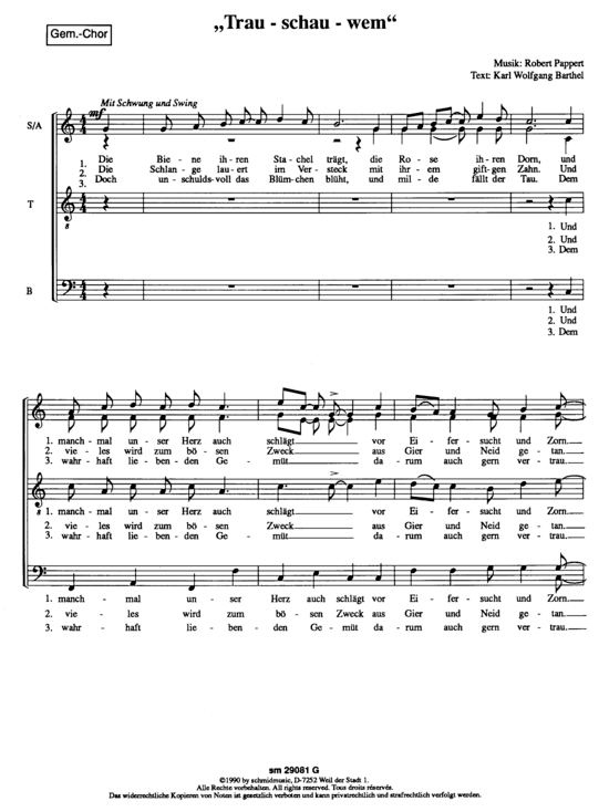Trausch - au -wem (Gemischter Chor) (Gemischter Chor) von Robert Pappert (Ein Lied uuml ber das Misstraue)