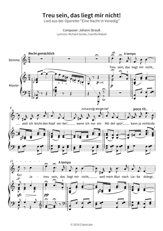 Treu sein das liegt mir nicht - Lied aus der Operette Eine Nacht in Venedig (Gesang + Klavier) (Klavier  Gesang) von Johann Strau 