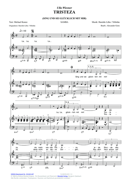 Tristeza (Sing und sei gl uuml cklich mit mir) (Klavier + Gesang) (Klavier Gesang  Gitarre) von Ulla Wiesner