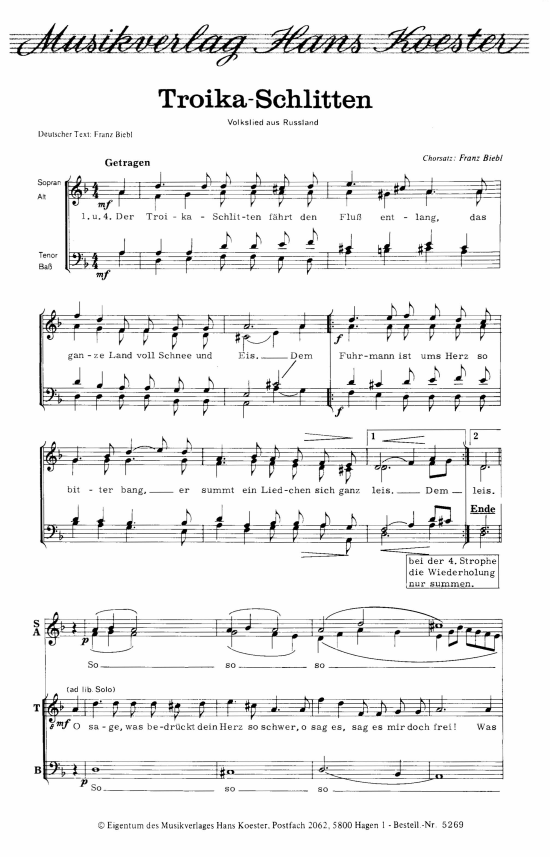Troika Schlitten (Gemischter Chor) (Gemischter Chor) von Chorsatz Biebl Franz