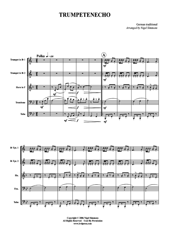 Trompeten Echo (Blechbl serquintett) (Quintett (Blech Brass)) von Volksweise (arr. Simmons)