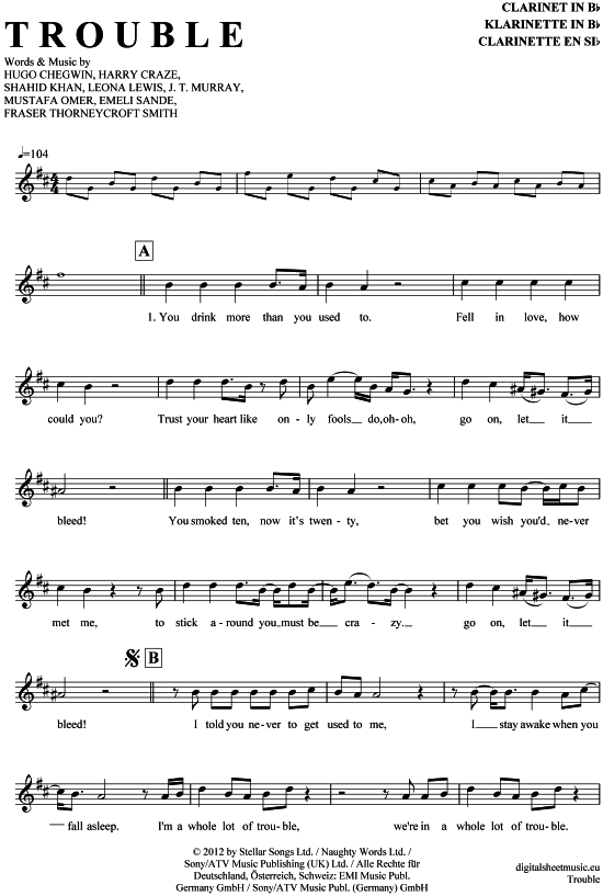 Trouble (Klarinette in B) (Klarinette) von Leona Lewis