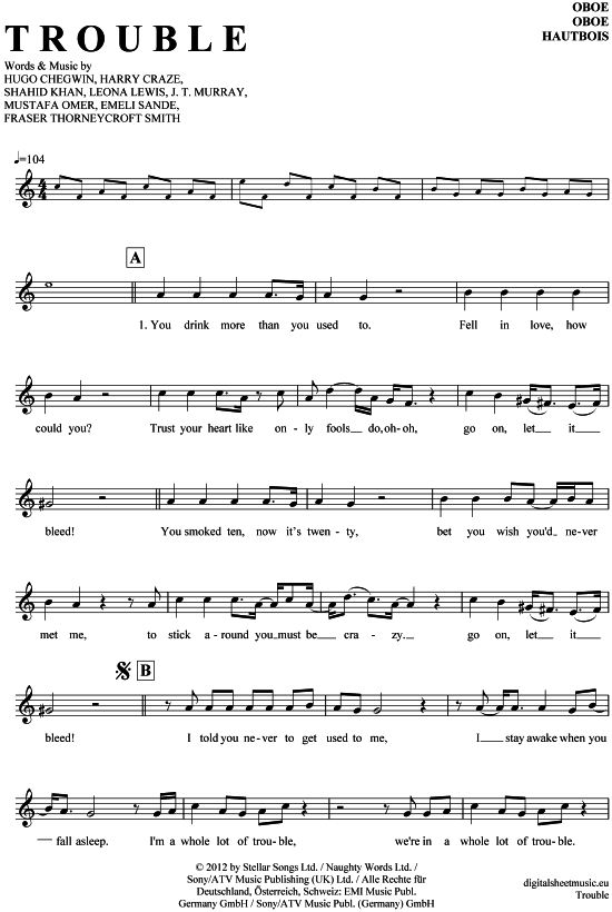 Trouble (Oboe) (Oboe Fagott) von Leona Lewis