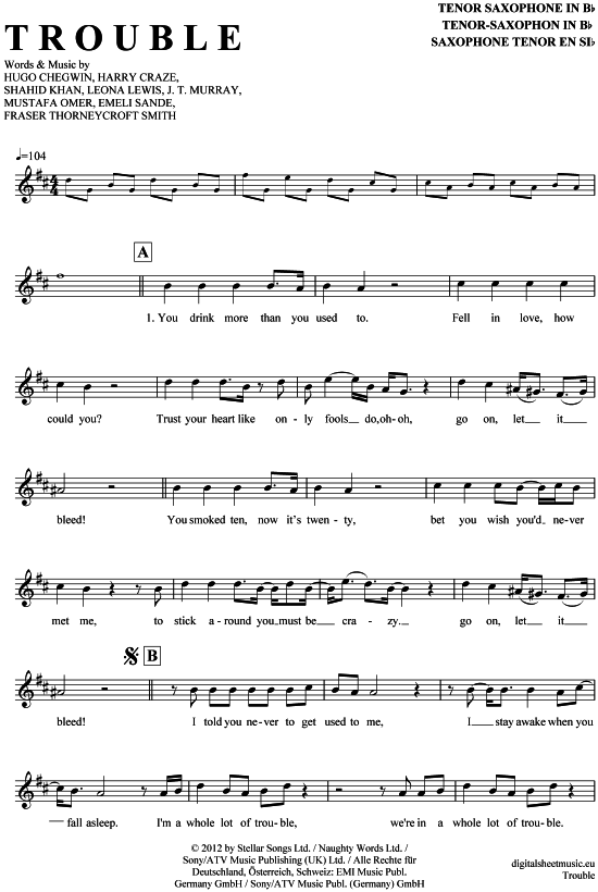 Trouble (Tenor-Sax) (Tenor Saxophon) von Leona Lewis