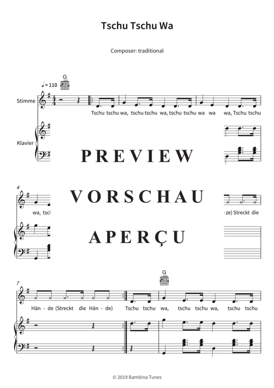 Tschu Tschu Wa Gesang + Klavier, Gitarre - PDF Noten von traditional in