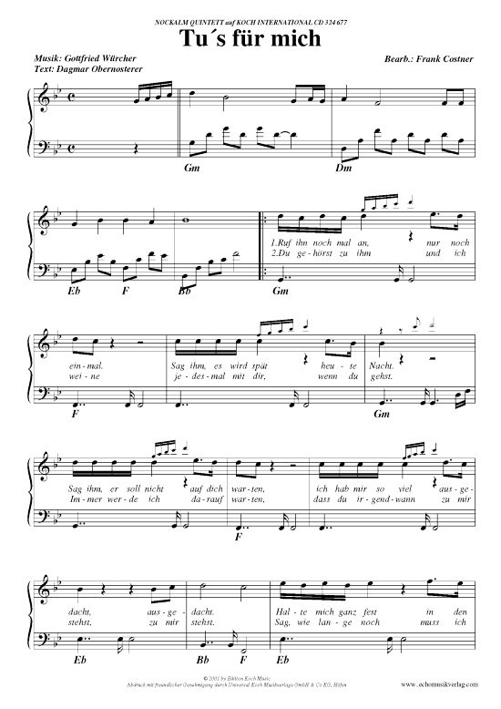 Tu s f r mich (Klavier Gesang  Gitarre) von Nockalm Quintett