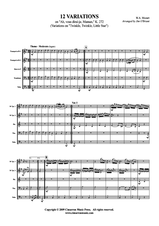 Twinkle Twinkle Little Star (Blechbl auml serquintett) (Quintett (Blech Brass)) von W. A. Mozart