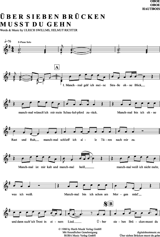 ber Sieben Br cken Musst Du Gehn (Oboe) (Oboe Fagott) von Peter Maffay