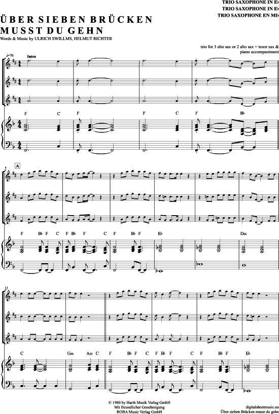  ber Sieben Br cken Musst Du Gehn (Saxophon Trio AAA(T) + Klavier) (Trio (Saxophon)) von Peter Maffay