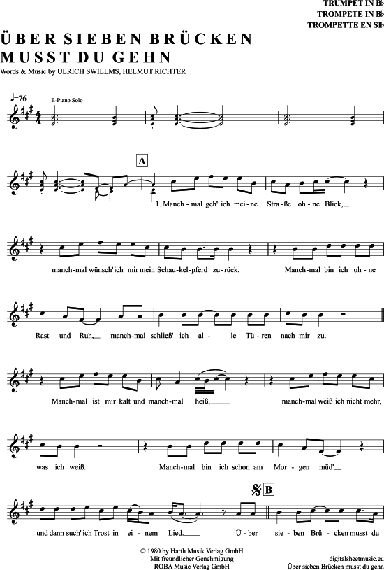  ber Sieben Br cken Musst Du Gehn (Trompete in B) (Trompete) von Peter Maffay